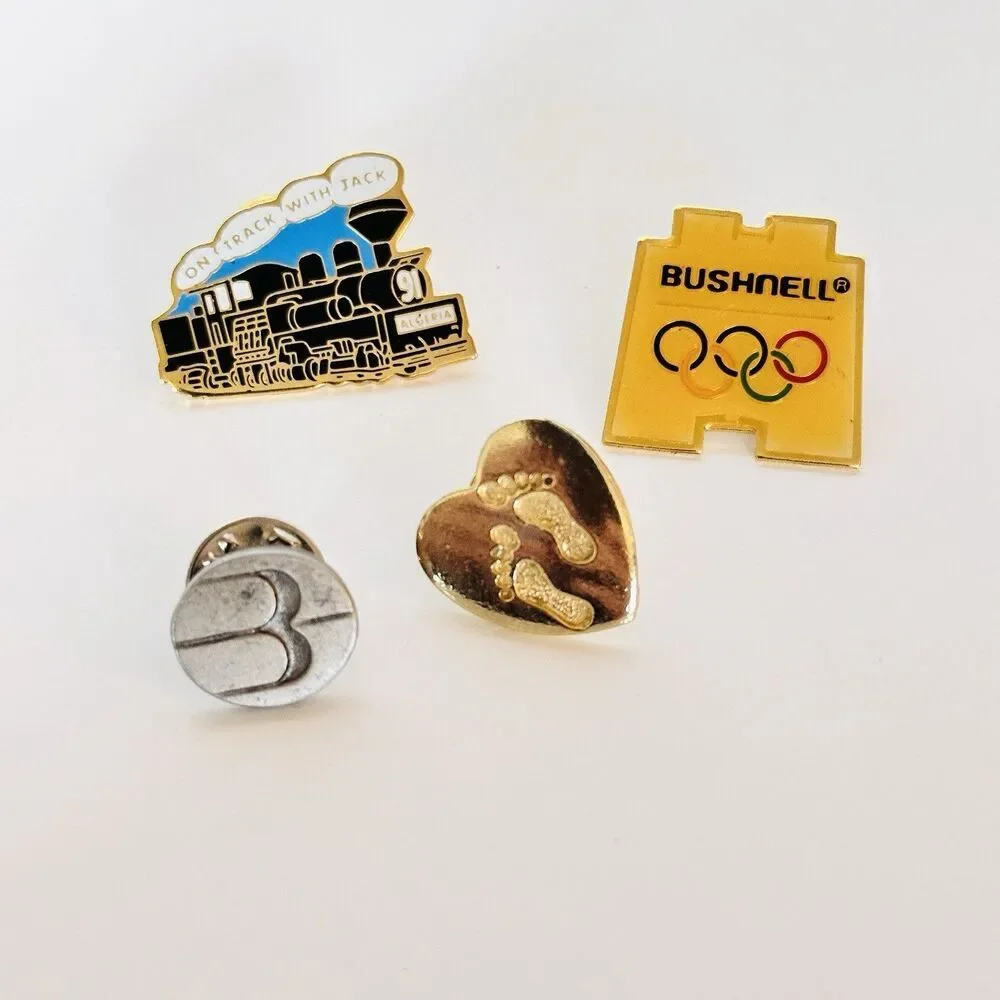 Steam Train Bushnell Footprints Enamel Lapel Pins Vintage Lot of 4 Collectible